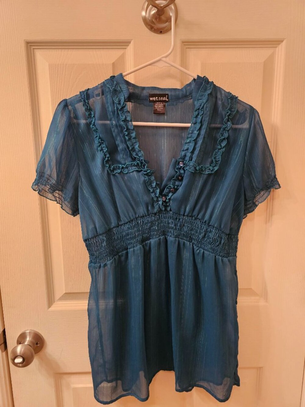 Wet Seal Medium Teal Babydoll Blouse w / Elastic Waist and Arms